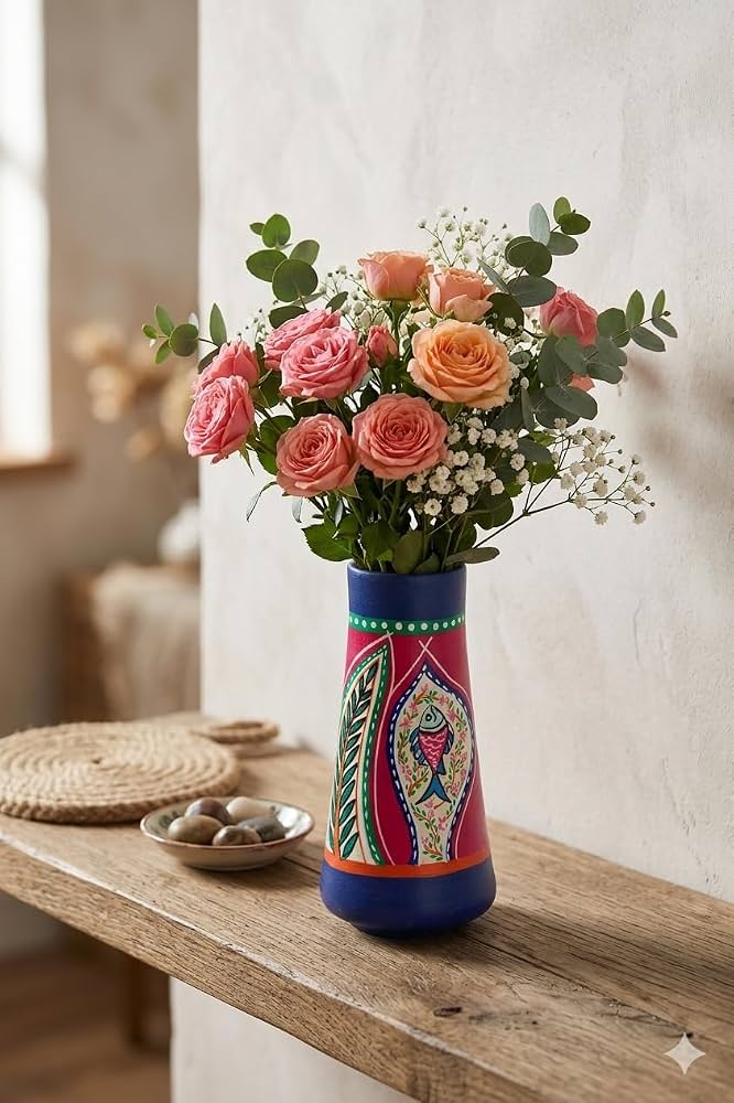 Hand-Painted Madhubani Terracotta Floral Vase